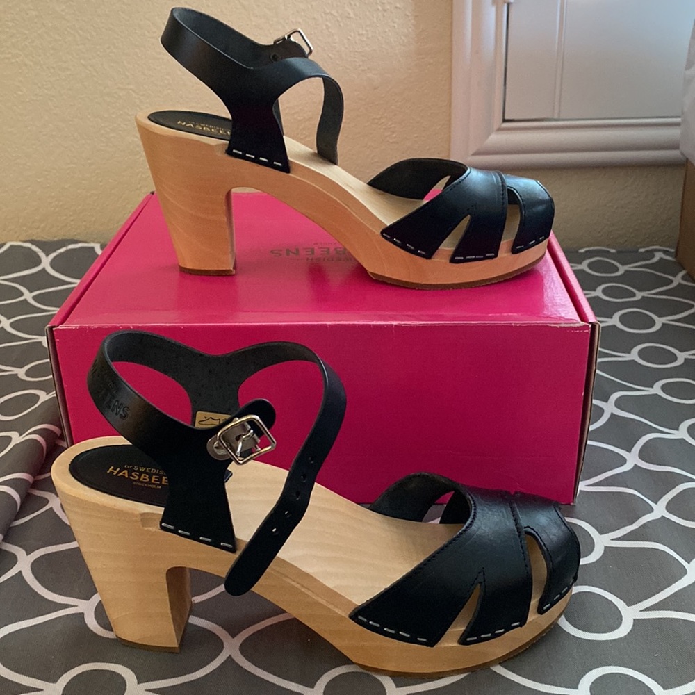 NIB Swedish Hasbeens Suzanne Platform Sandal/Clog - black leather size 40